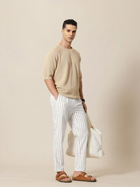 Mr Bowerbird Men Liberal Fit Striped Cotton Linen Pleated Trousers