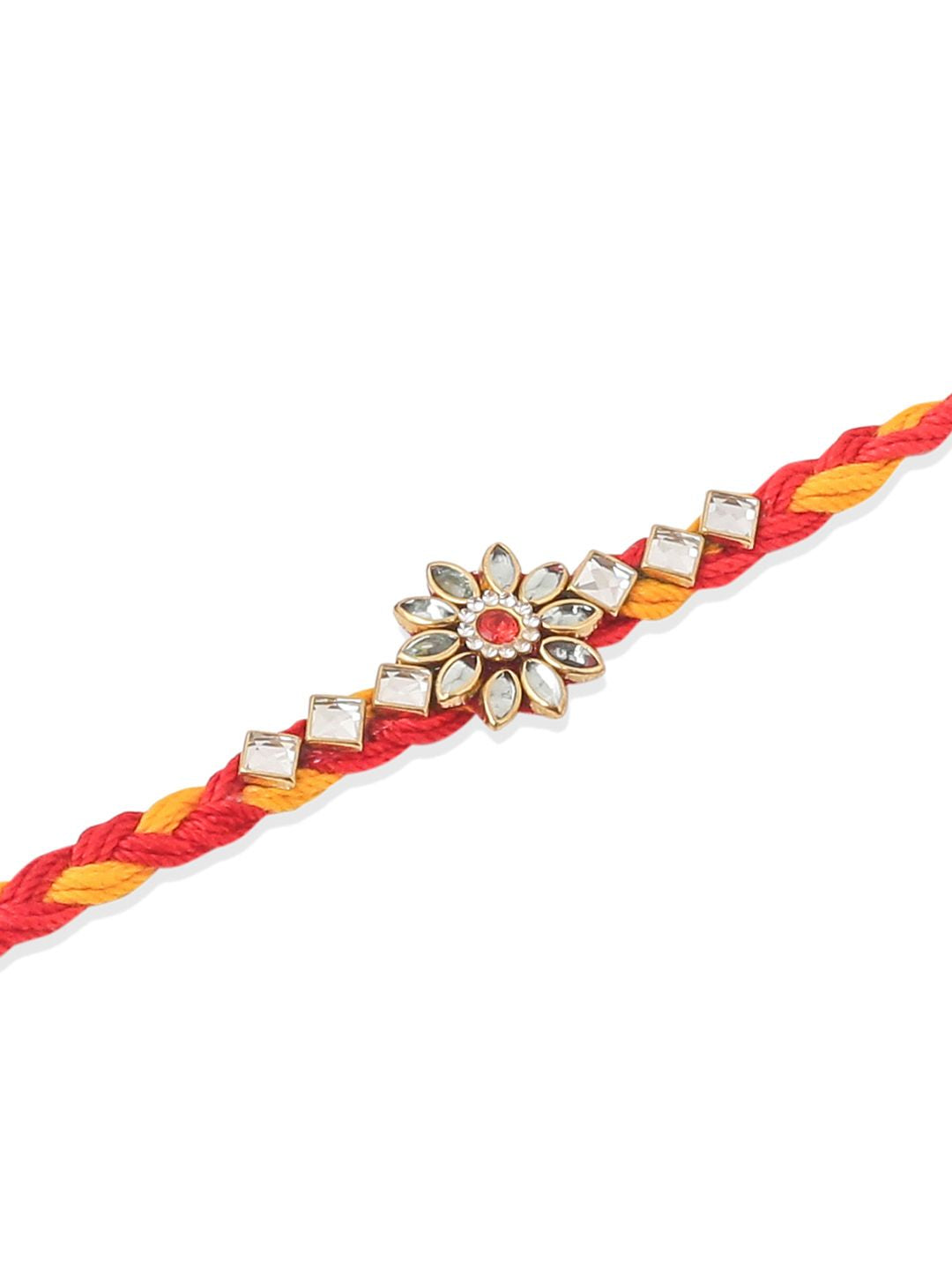 NVR Unisex Set of 6 Kundan Studded Floral Thread Rakhi with Roli Chawal Chandan Mishri