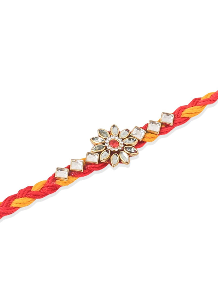 NVR Unisex Set of 6 Kundan Studded Floral Thread Rakhi with Roli Chawal Chandan Mishri
