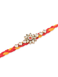 NVR Unisex Set of 6 Kundan Studded Floral Thread Rakhi with Roli Chawal Chandan Mishri