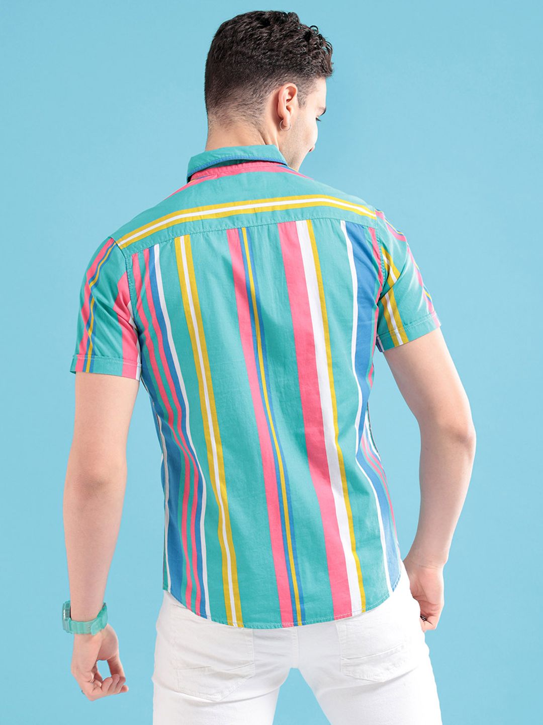 The Indian Garage Co Men Sea Green & Pink Striped Pure Cotton Casual Shirt