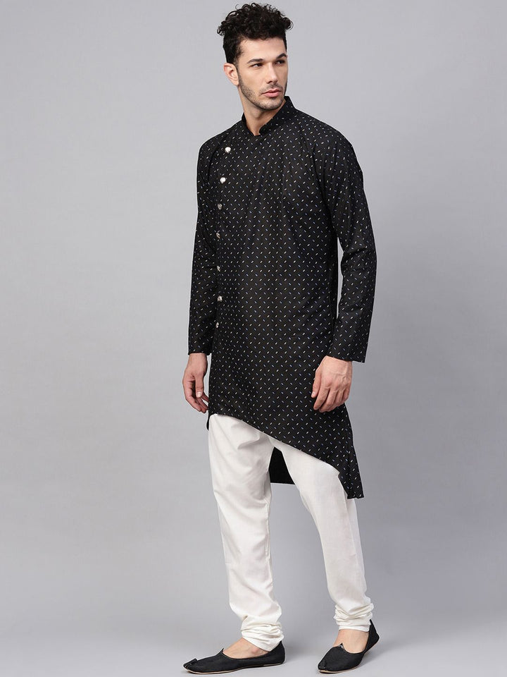 SOJANYA Men Black Printed Asymmetric Straight Kurta