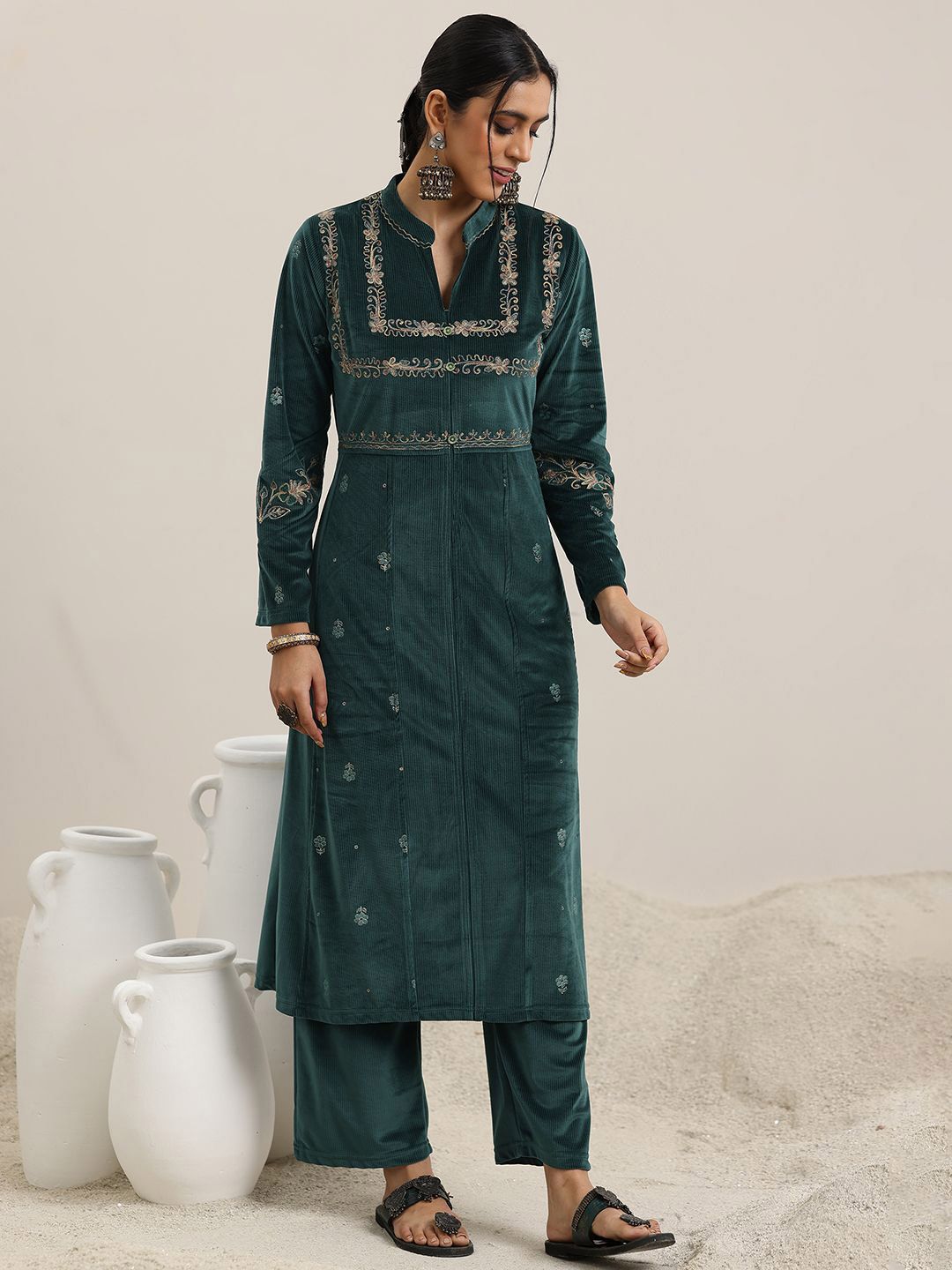 Libas Floral Embroidered Mandarin Collar Velvet Kurta With Trousers & Dupatta