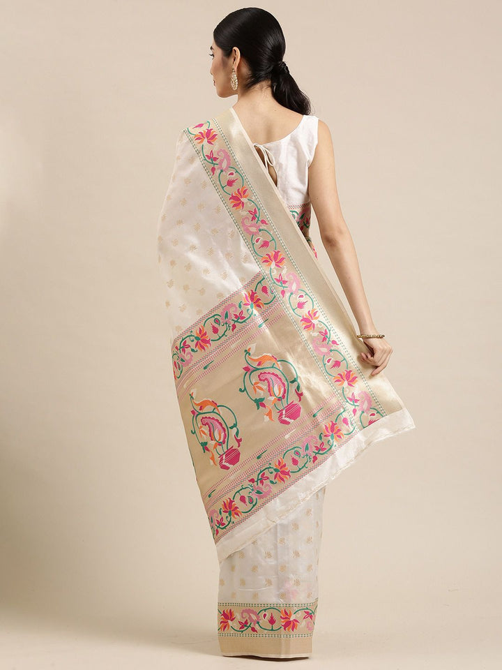 Saree mall Off White Solid Silk Blend Banarasi Sarees