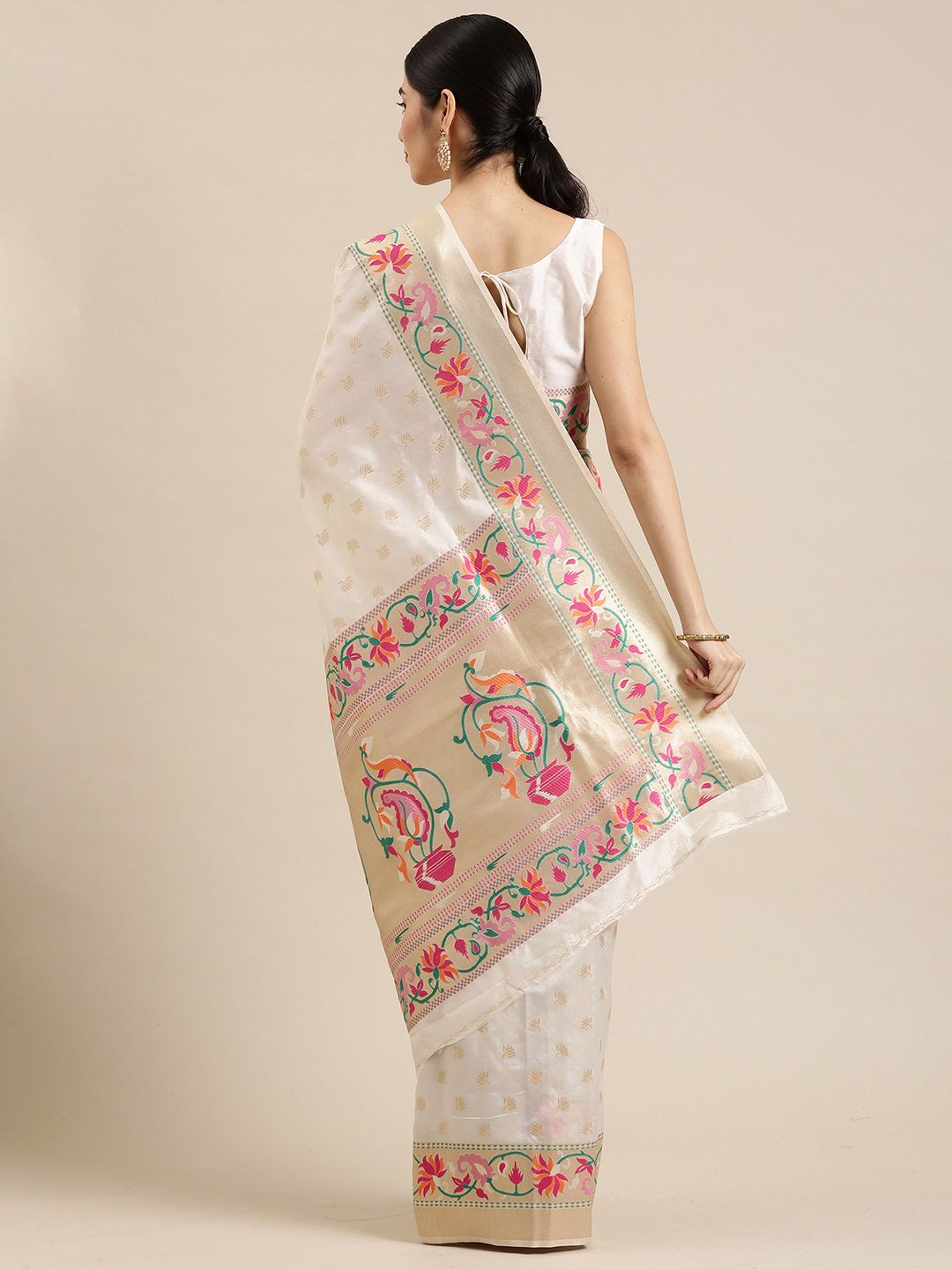 Saree mall Off White Solid Silk Blend Banarasi Sarees
