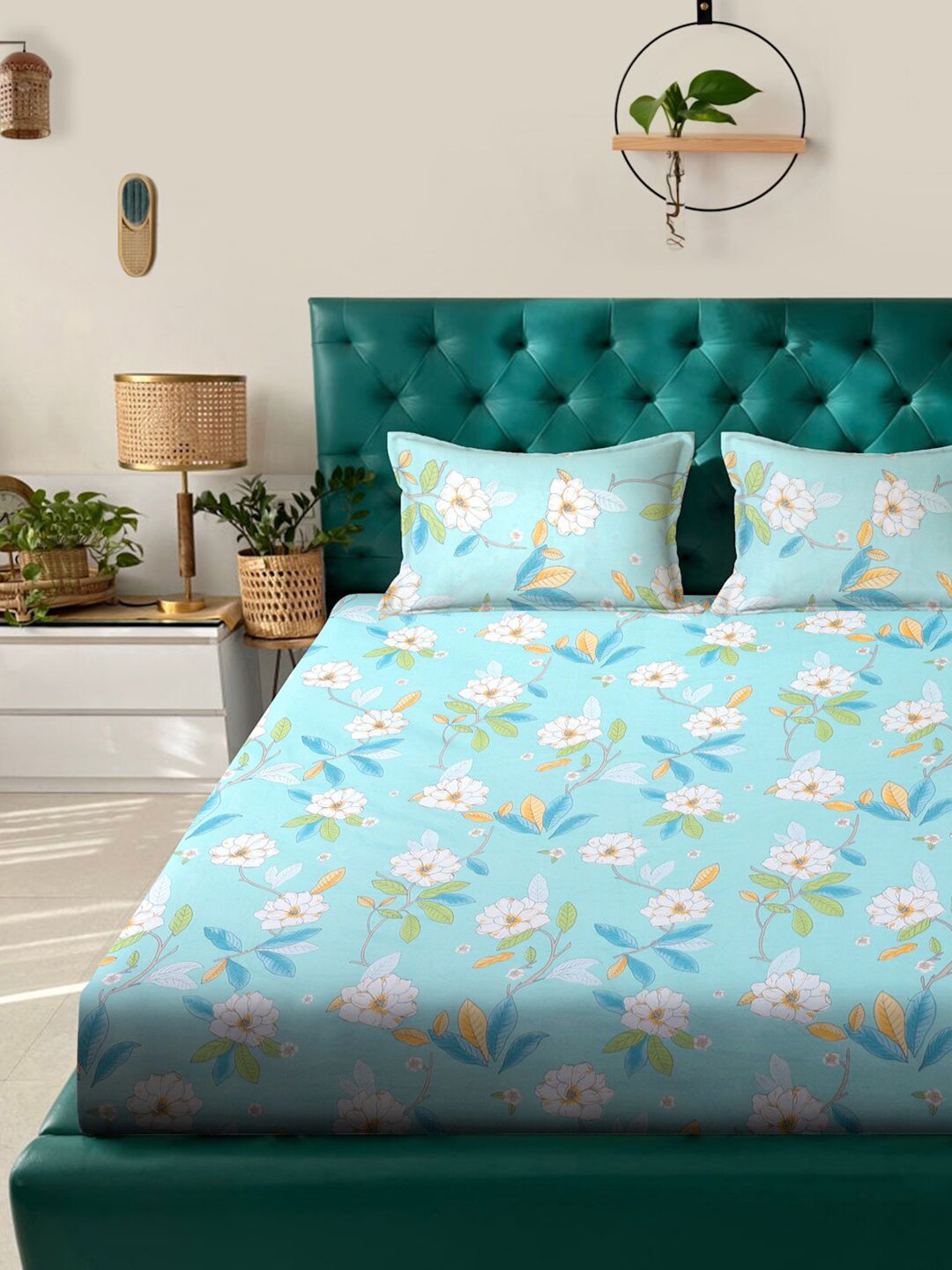 Klotthe Blue Floral Dicetak 300 TC Bedsheet King dengan 2 penutup bantal