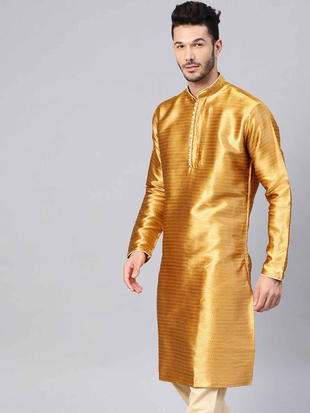 SOJANYA Lelaki Mustard Tenun Kuning Design Kurta Lurus