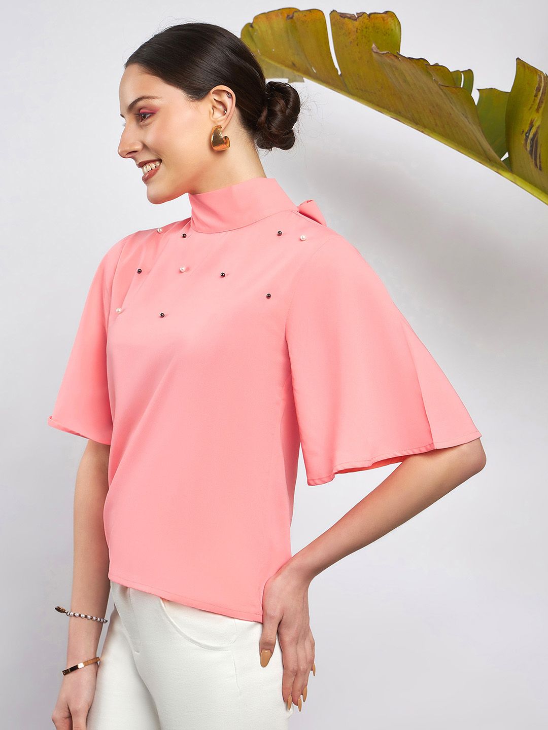 SASSAFRAS Peach-Coloured Embellished High Neck Flared Sleeve Beads & Stones Georgette Top