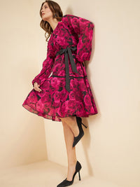 Antheaa Pink Floral Printed Puff Sleeves Gathered Detailed Chiffon Fit & Flare Dress