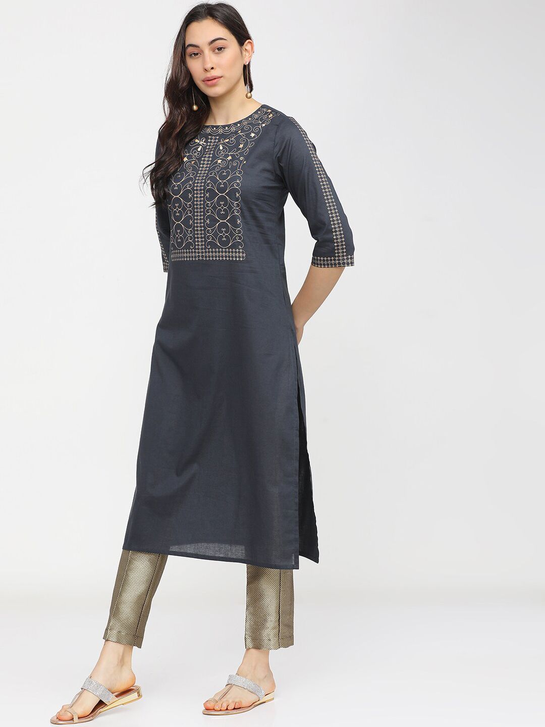 Vishudh Women Navy Blue Ethnic Motifs Yoke Design Flared Sleeves Mirror Work Kurta