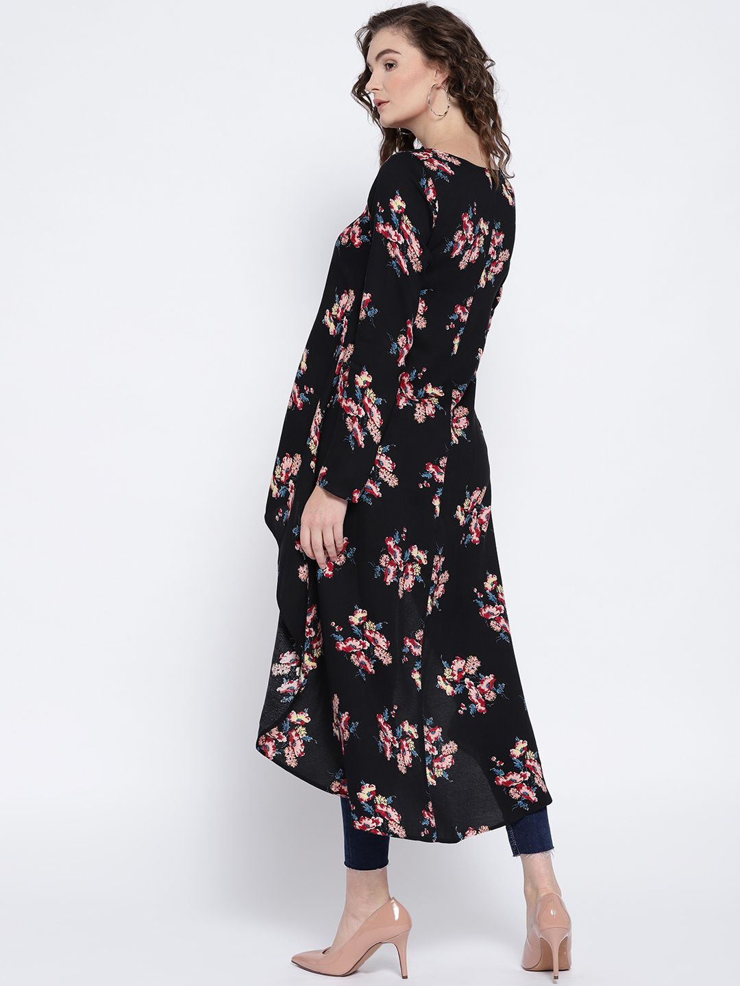 Berrylush Black Floral High-Low Trapeze Top