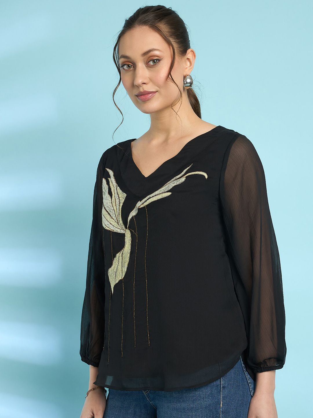 Antheaa Embroidered Chiffon Top