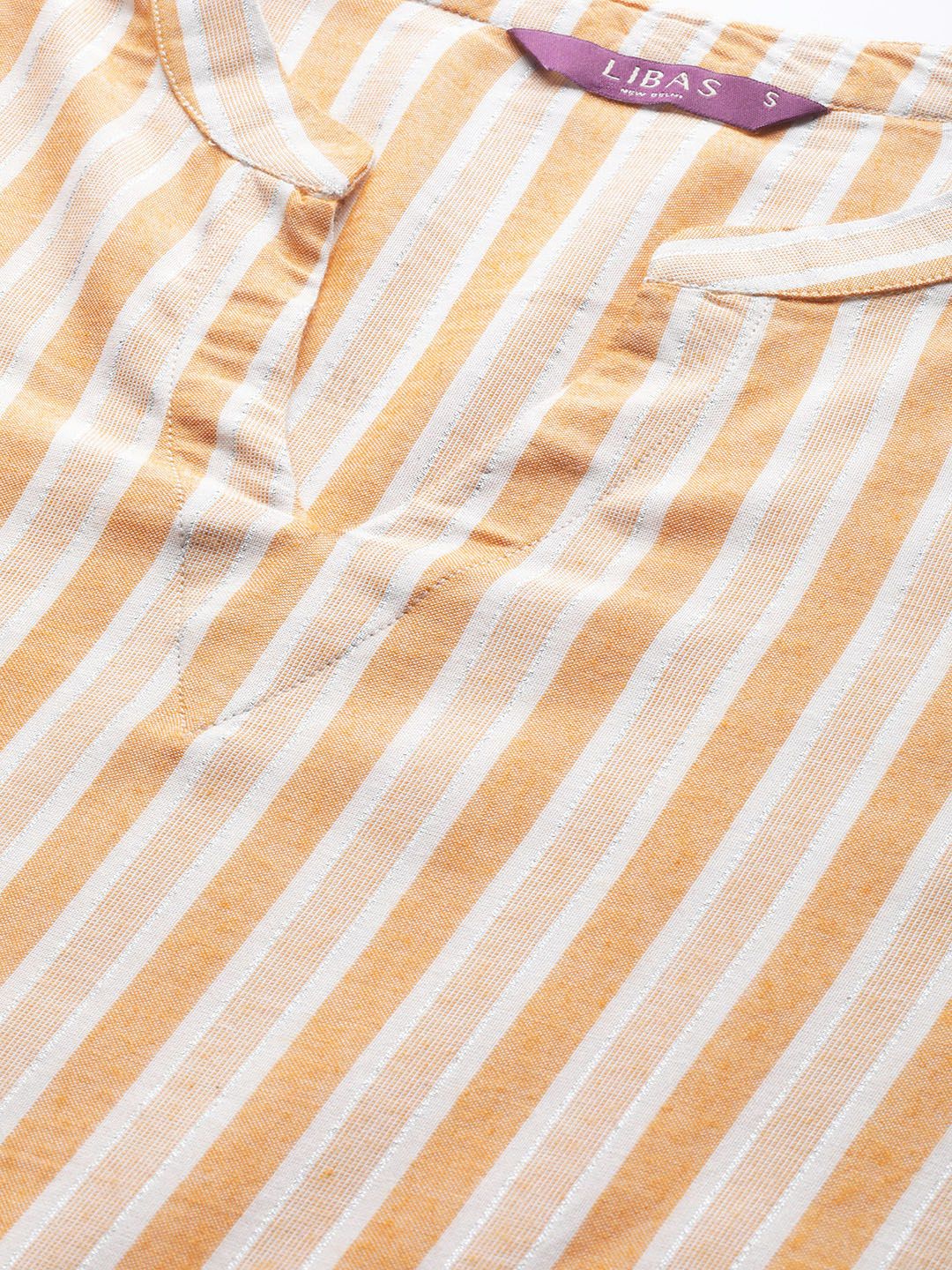 Libas Women Orange & White Striped Straight Kurta
