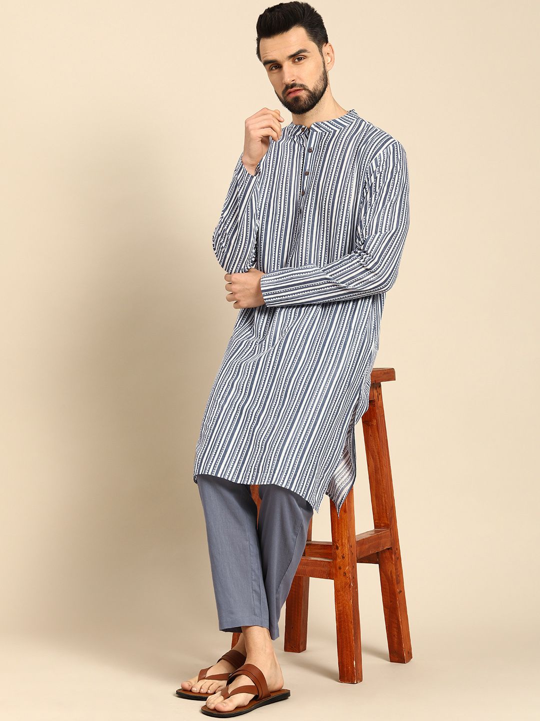 Anouk Men White Printed Pure Cotton Kurta with Trousers