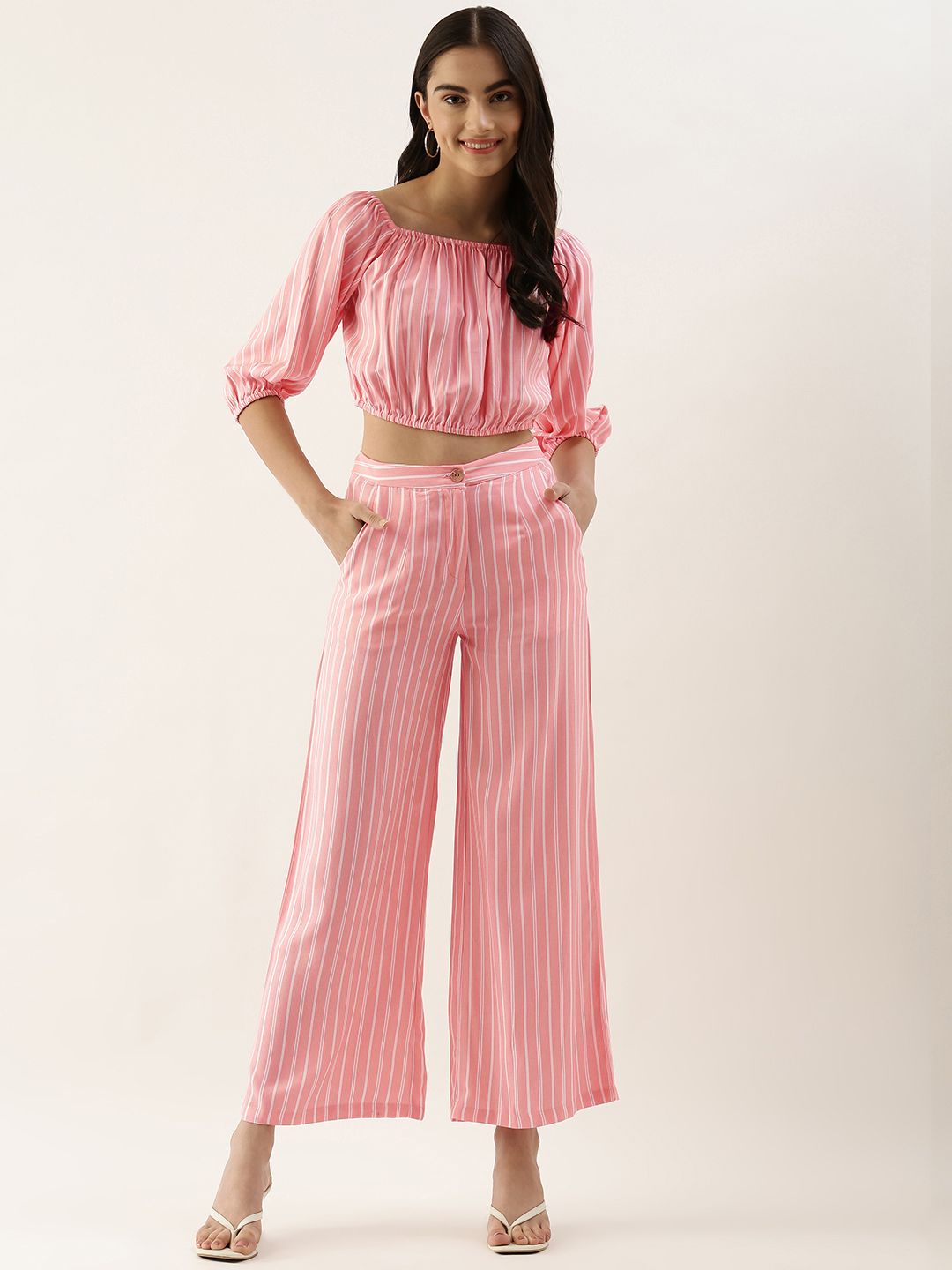 AND Women Pink & Off White Striped Fringed Crop Top with Palazzos