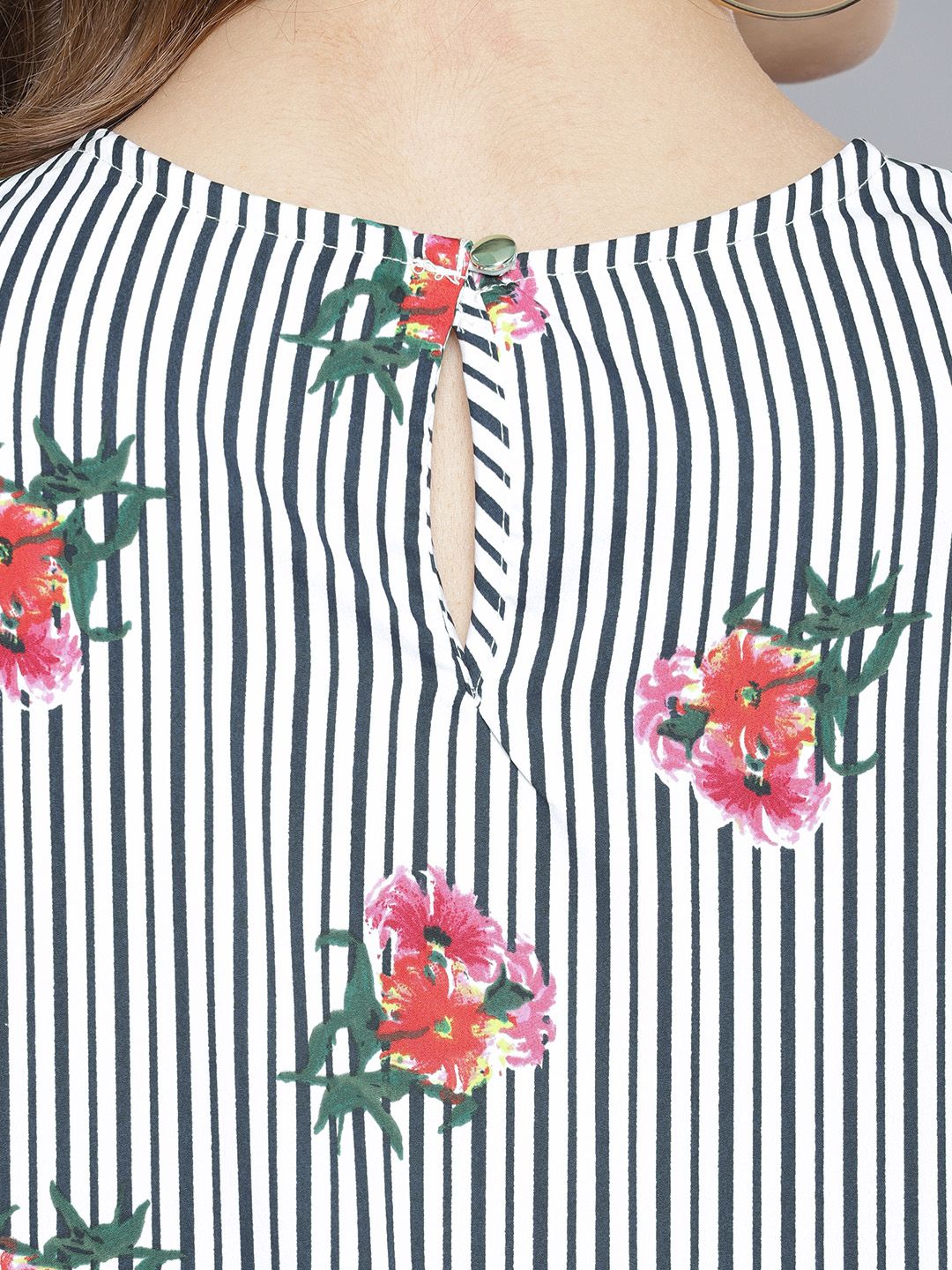 Tokyo Talkies White & Black Floral Printed Striped Top
