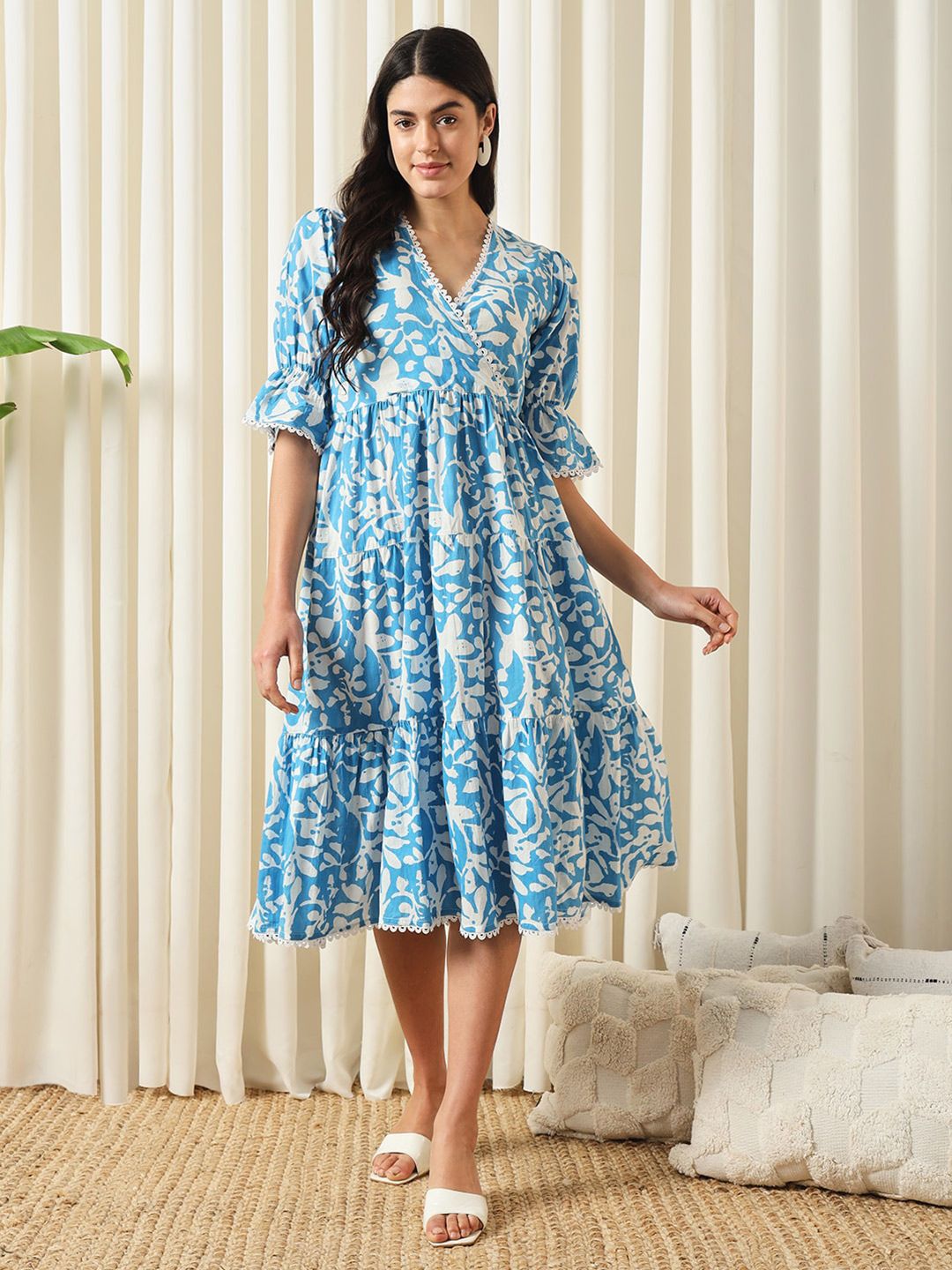 KALINI Floral Printed V-Neck Empire Cotton Opaque Casual Dress