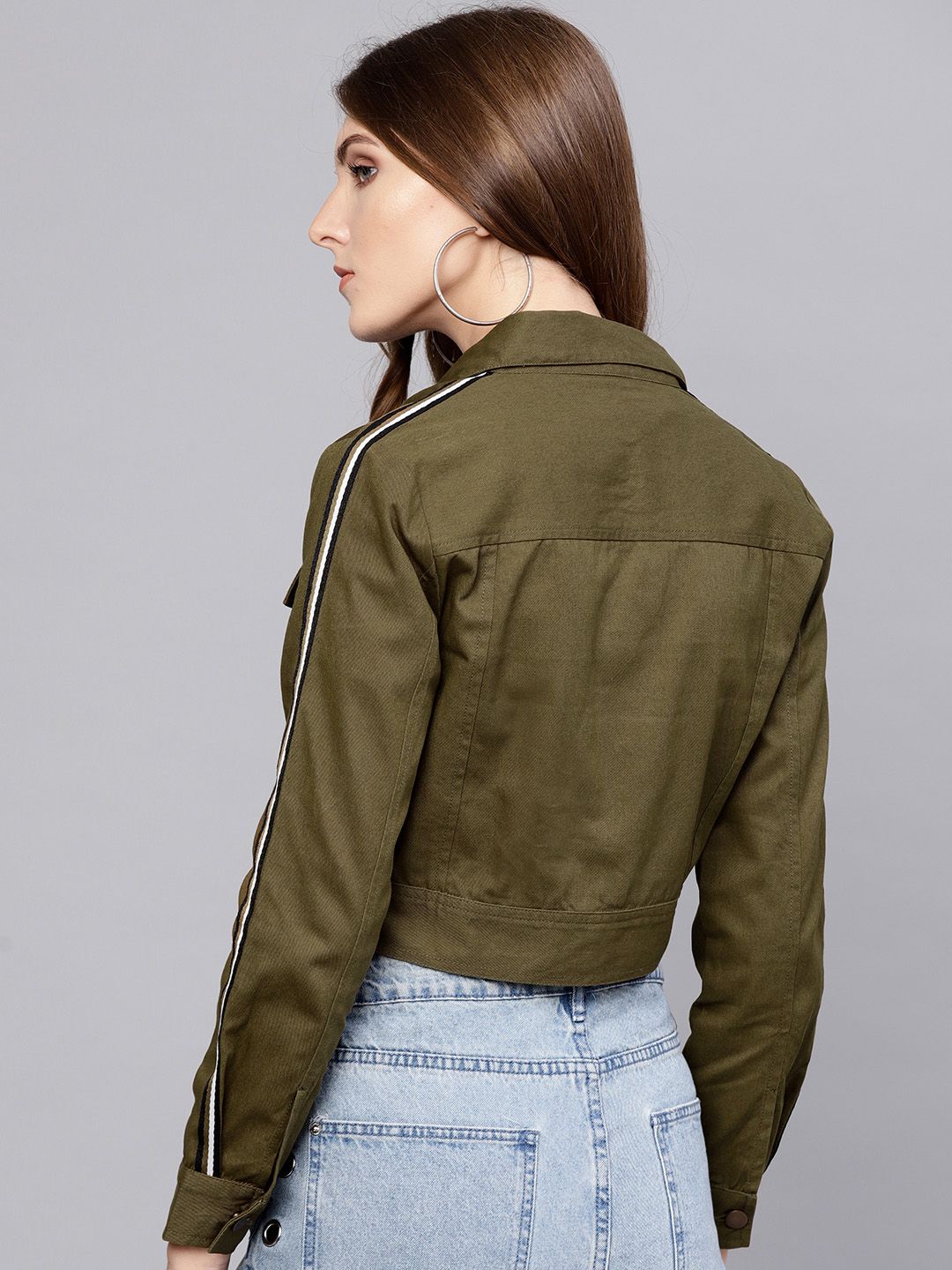 STREET 9 Women Olive Green Solid Crop Jacket