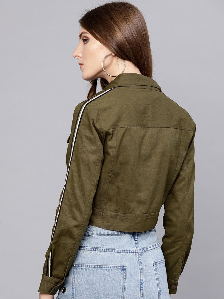 STREET 9 Women Olive Green Solid Crop Jacket