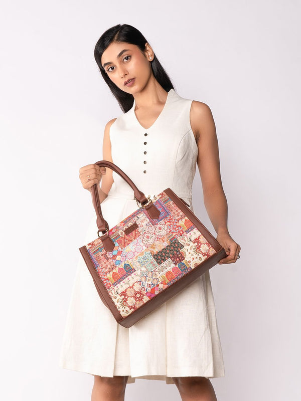 ZOUK Kutch Gamthi Printed Structured Jute Handheld Bag