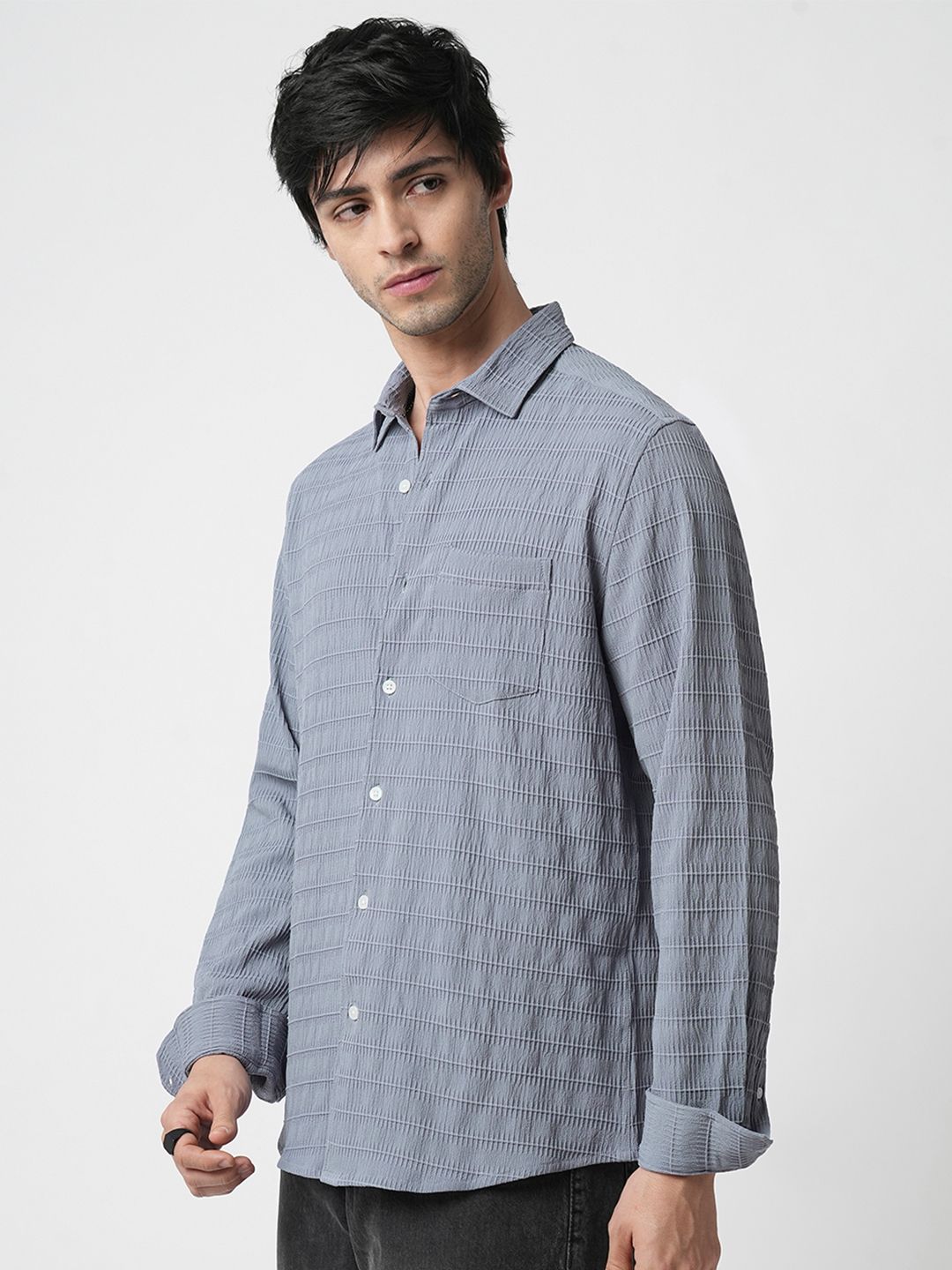 VASTRADO Men Classic Fit Spread Collar Textured Casual Shirt