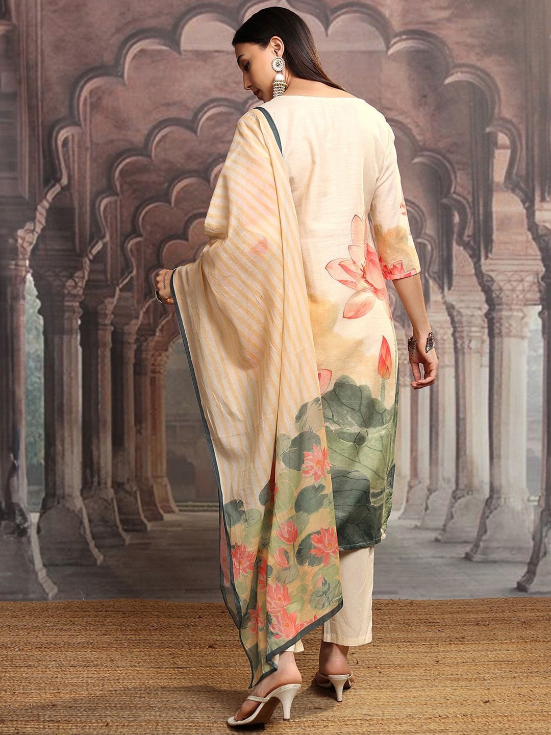 Vishudh Green Floral Printed Mirror Work Pure Cotton Kurta With Trousers & Dupatta