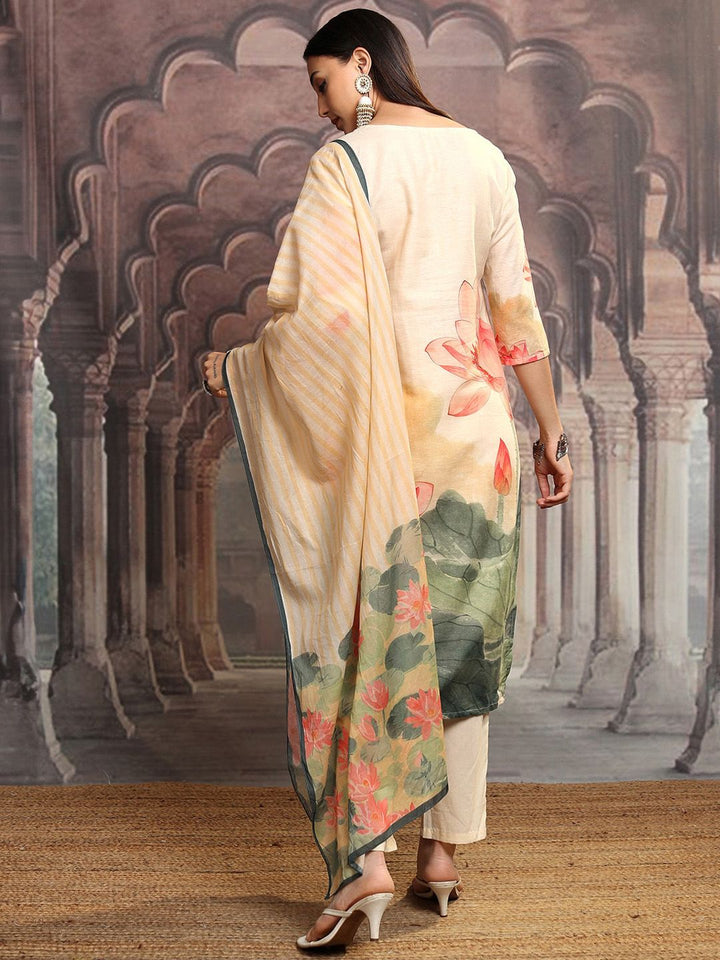 Vishudh Green Floral Printed Mirror Work Pure Cotton Kurta With Trousers & Dupatta