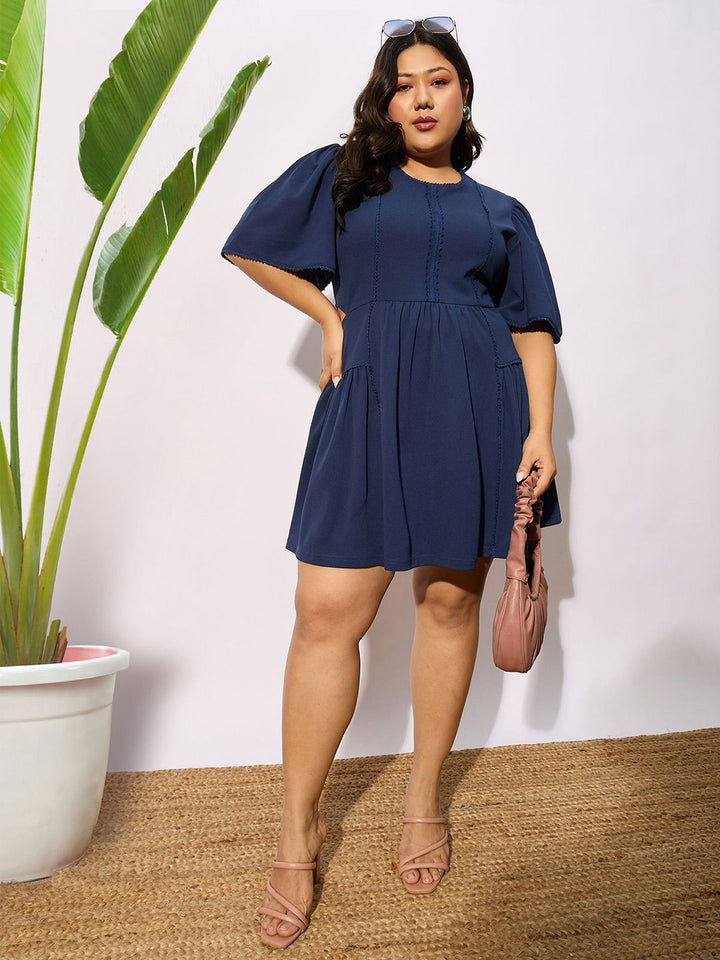 SASSAFRAS Curve Plus Size Navy Blue Round Neck Puff Sleeves Gathered Fit & Flare Dress