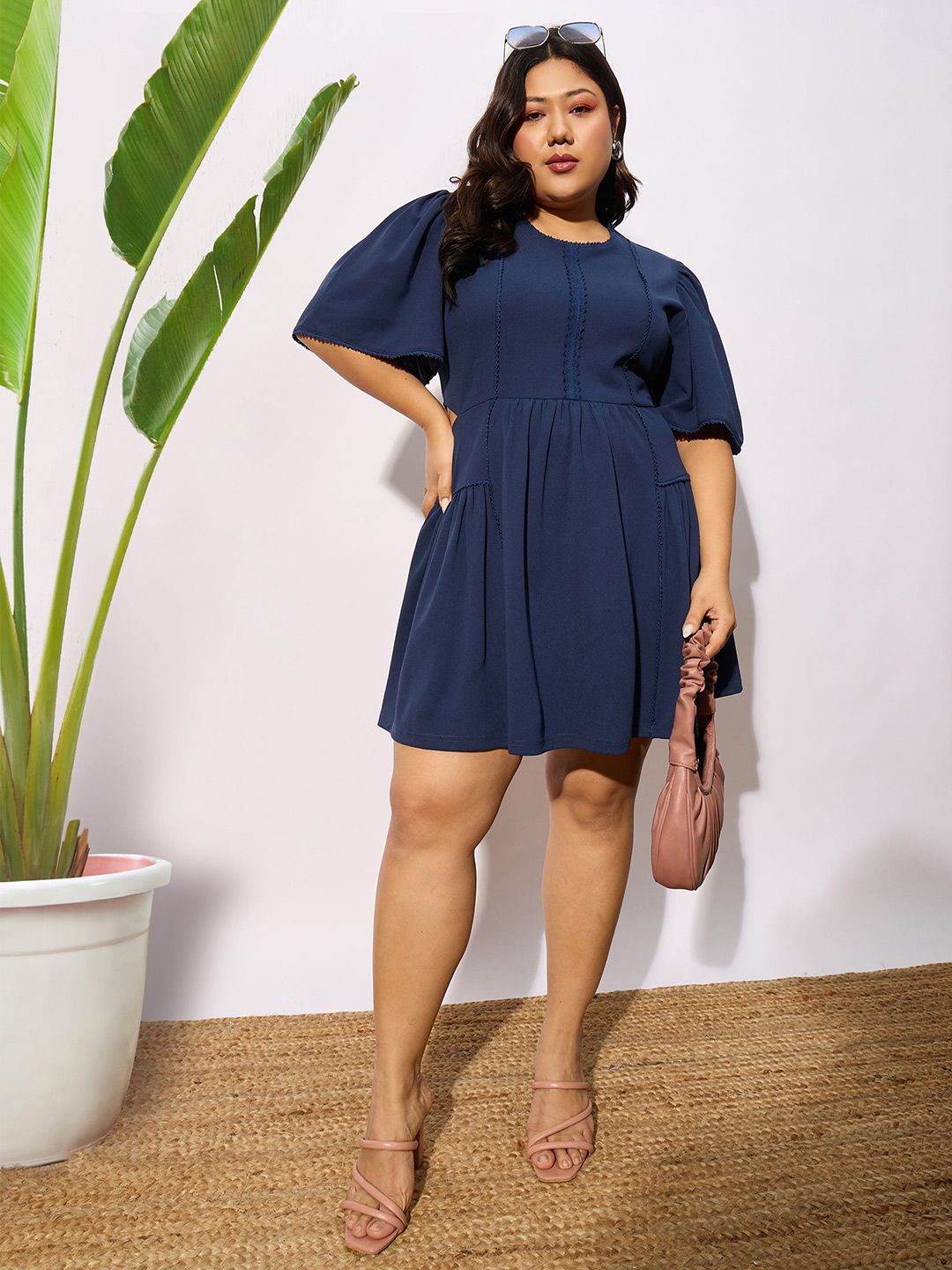 SASSAFRAS Curve Plus Size Navy Blue Round Neck Puff Sleeves Gathered Fit & Flare Dress