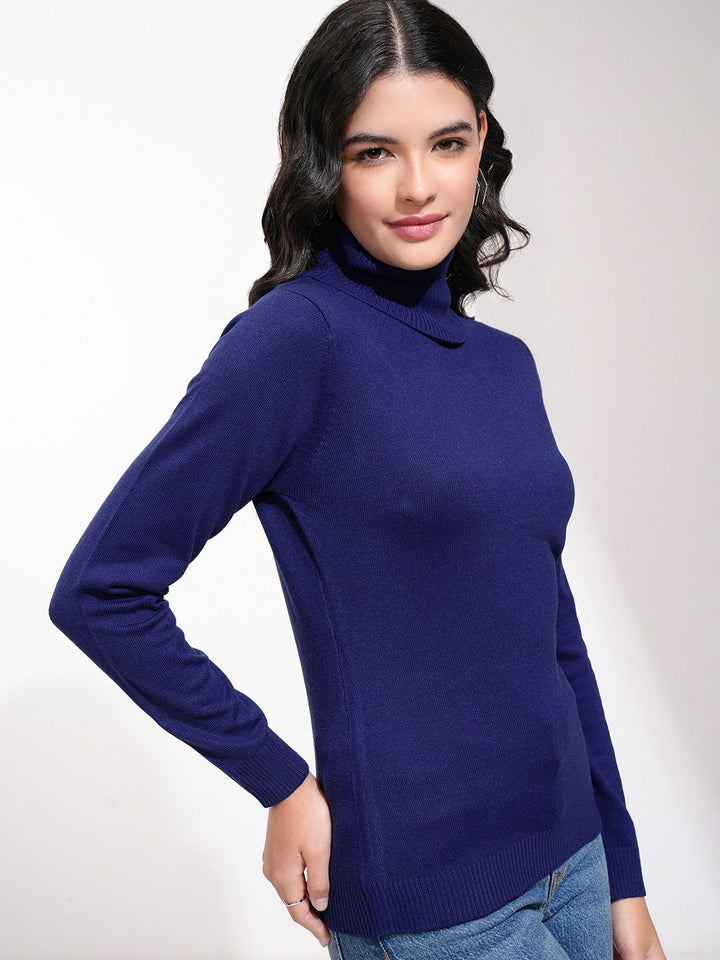 Tokyo Talkies Women Navy Blue Turtle Neck Acrylic Pullover Sweater