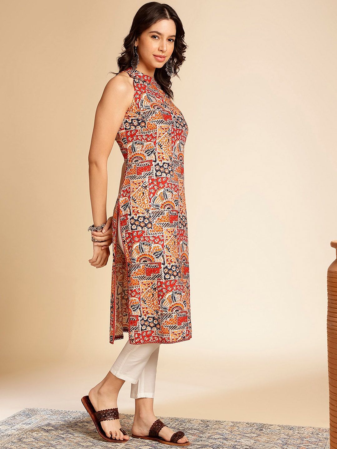 Anouk Geometric Printed Halter Neck Straight Kurta