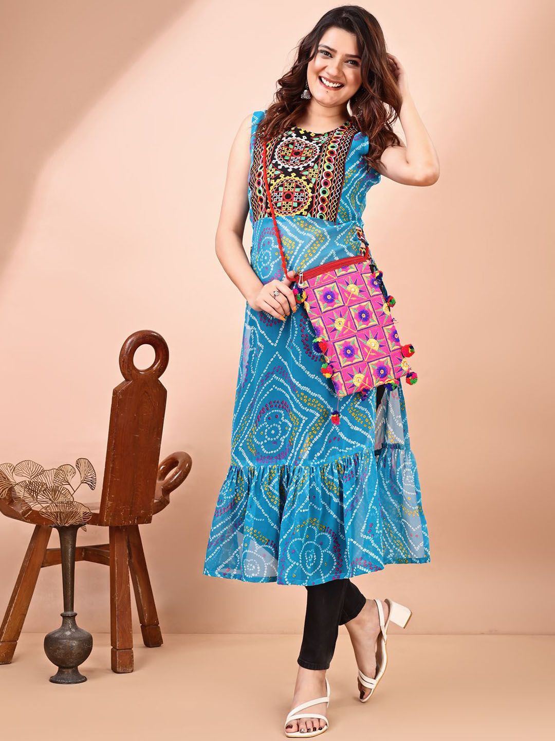 KALINI Bandhani Printed Round Neck Thread Work Georgette Straight Kurta