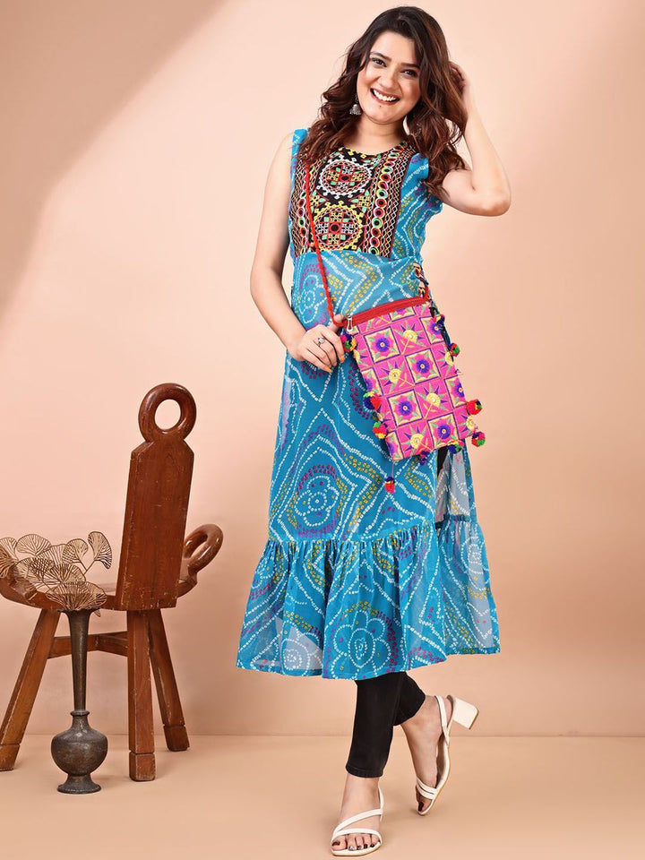 KALINI Bandhani Printed Round Neck Thread Work Georgette Straight Kurta