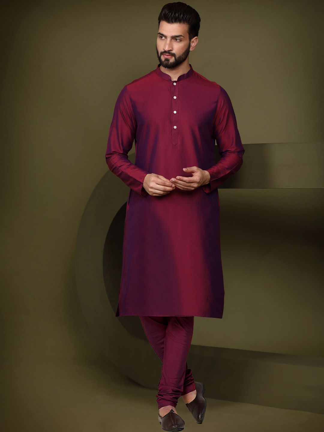 KISAH Mandarin Collar Straight Kurta With Churidar & Nehru Jacket