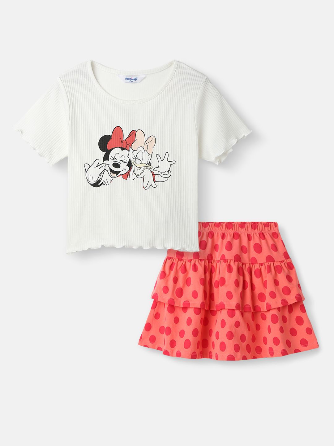 Nauti Nati Girls Minnie Mouse Printed Pure Cotton Top With Skirt