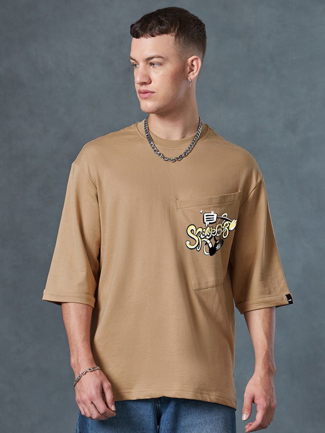 Bewakoof Men Graphic Spongebob Printed Round Neck Pure Cotton Oversized T-shirt