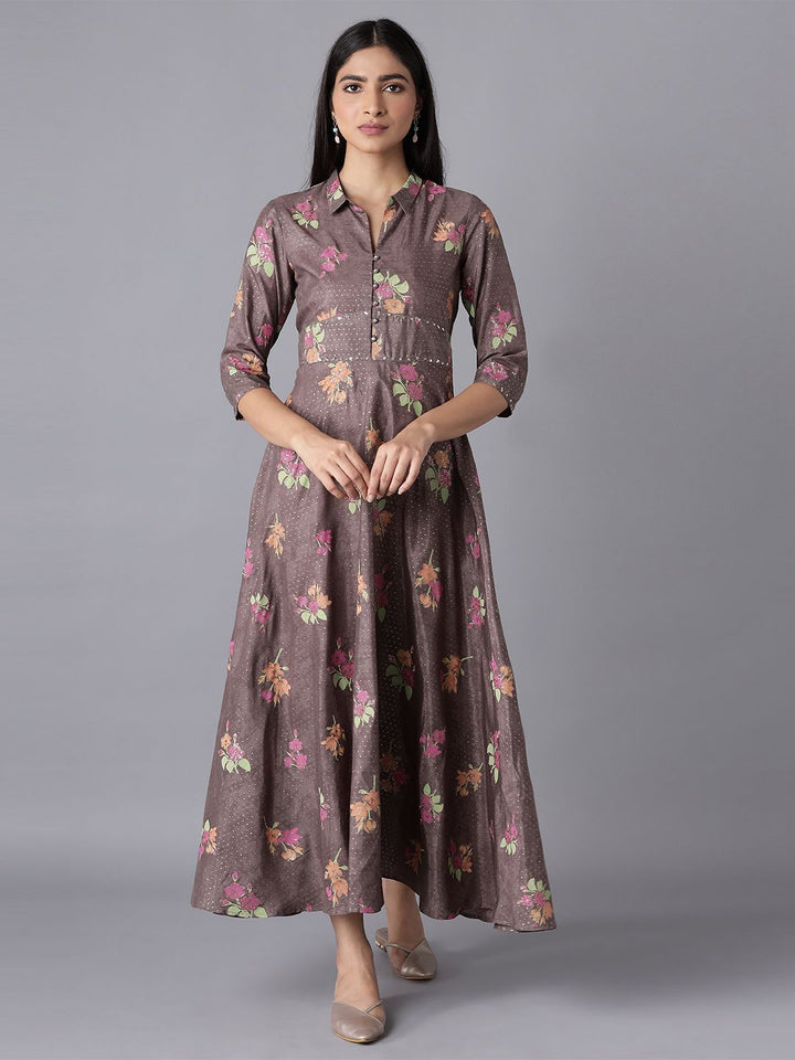 W Women Festive Floral Print Shantung Flared Ethnic Dress
