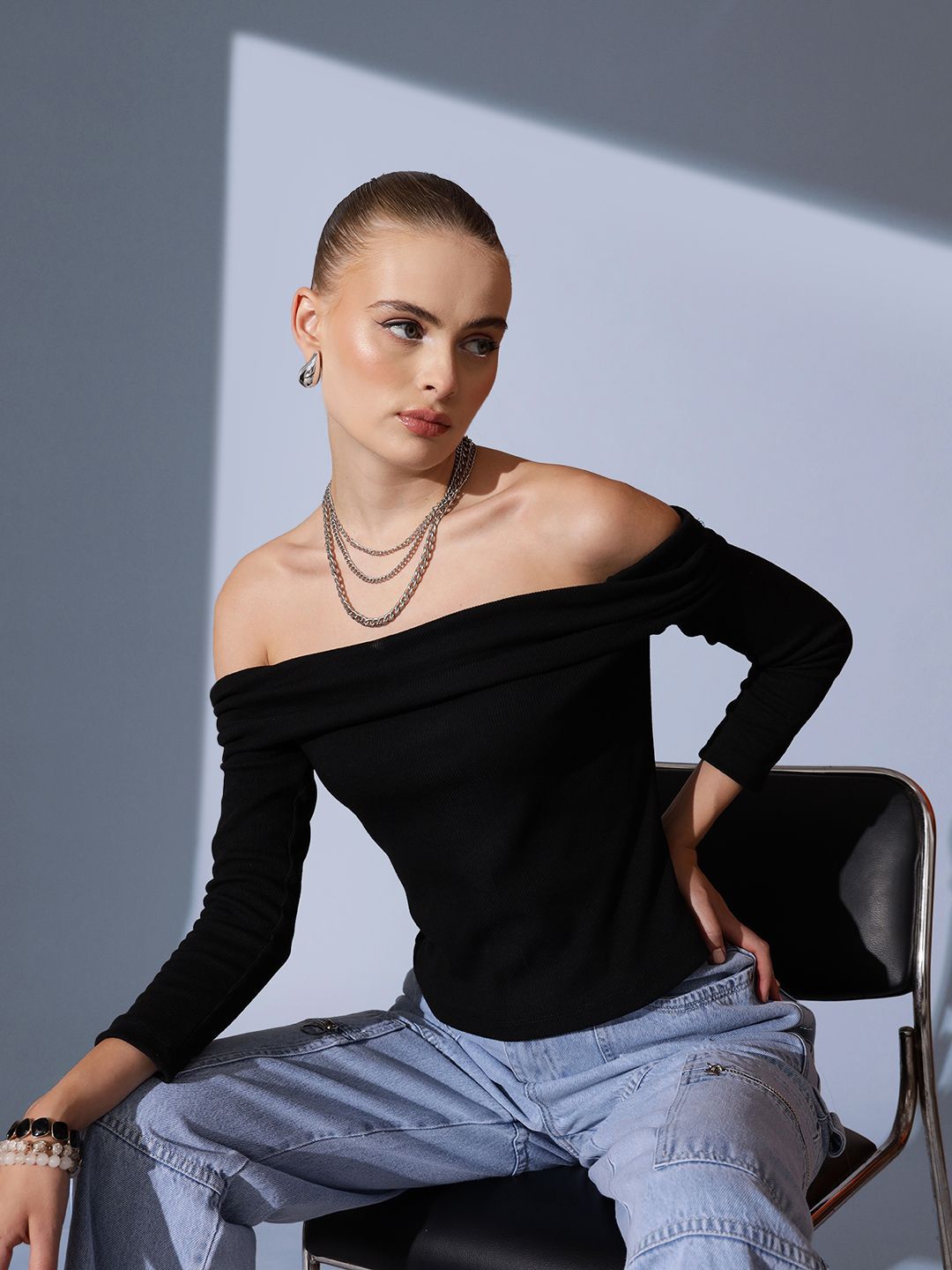 STREET 9 Off-Shoulder Solid Pure Cotton Bardot Top