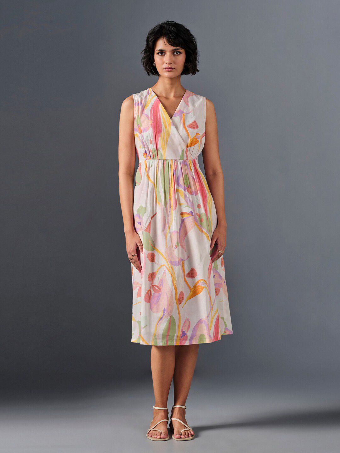 AND Floral Printed V-Neck Gathered Cotton A-Line Dress