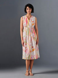 AND Floral Printed V-Neck Gathered Cotton A-Line Dress