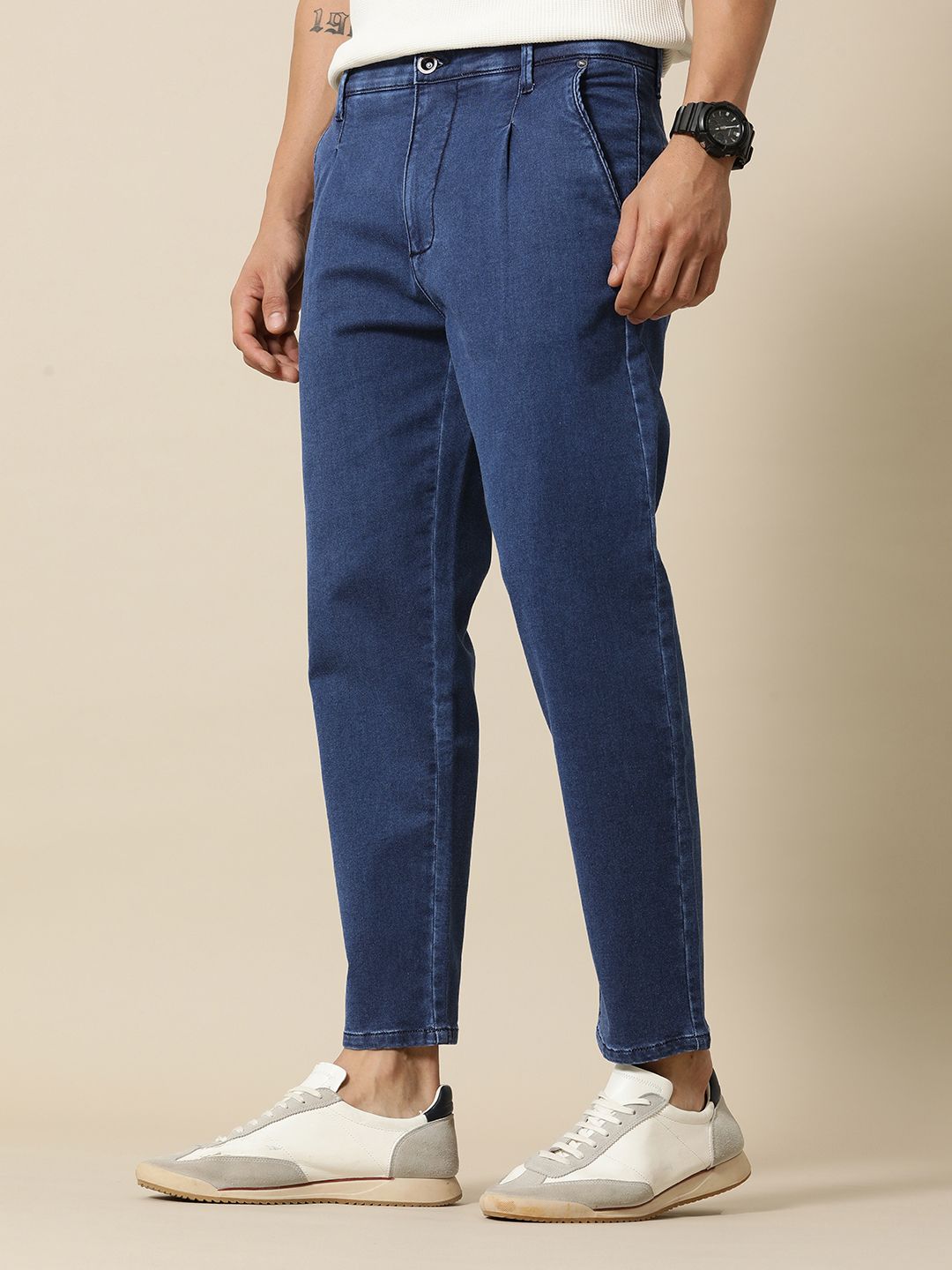 Mr Bowerbird Men Pleated Cropped Light Fade Stretchable Jeans