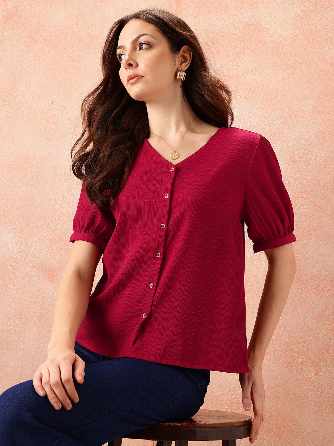 all about you Textured Puff Sleeves Top