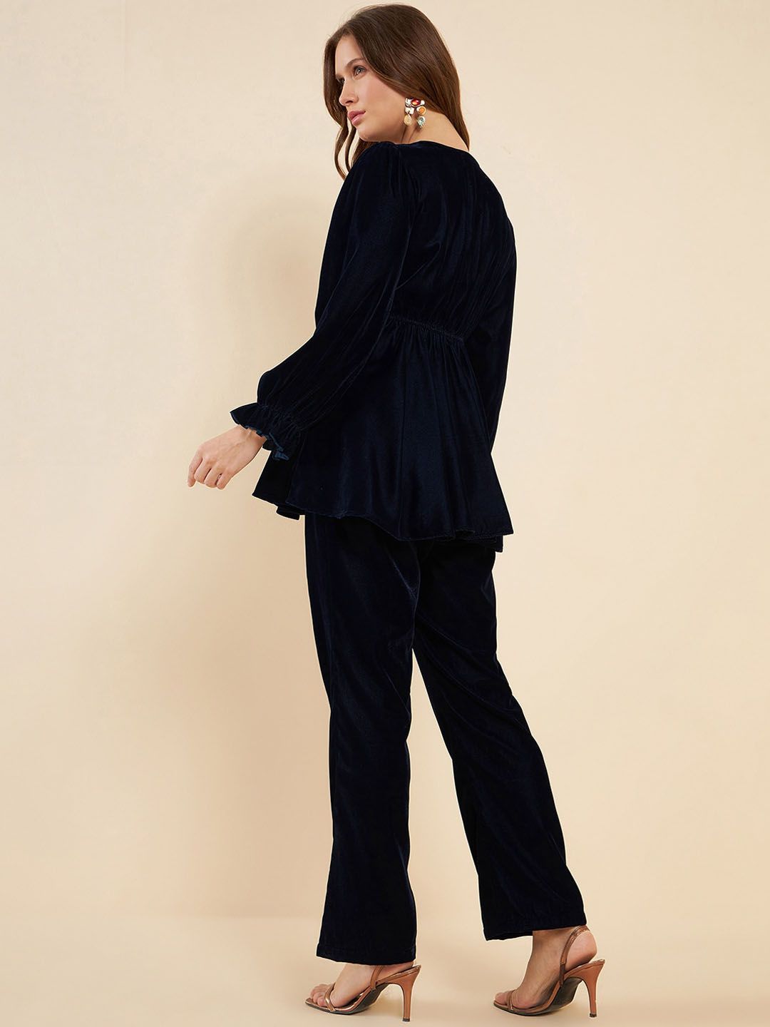 Antheaa Navy Blue Embroidered V-Neck Tunic With Trouser