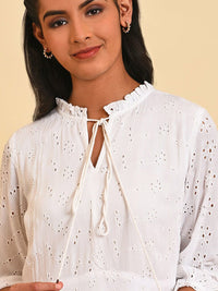 W Self Design Tie-Up Neck Schiffli Fit & Flare Dress