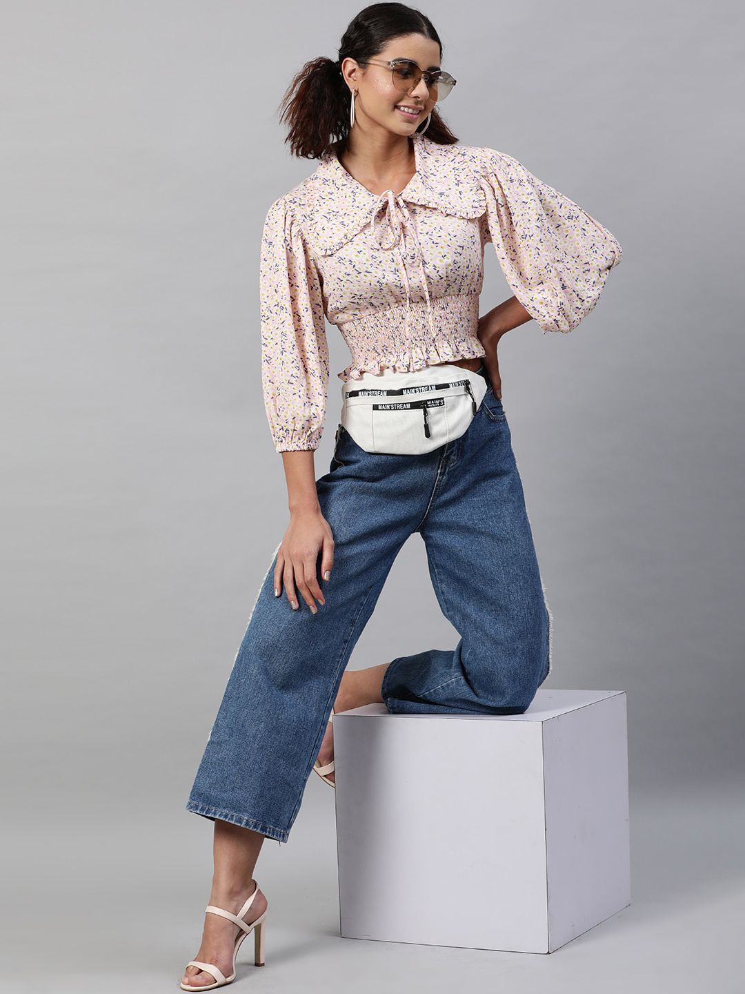 STREET 9 Women Pink Floral Tie-Up Neck Cinched Waist Crop Top