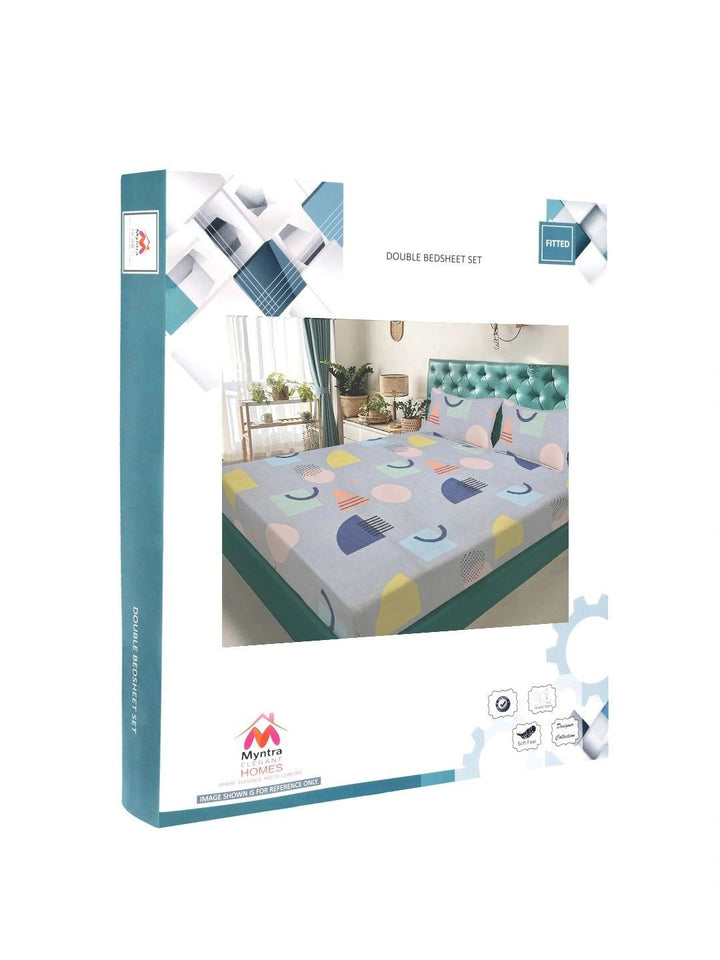 Myntra Elegant Homes Grey & Green Geometric 300 TC King Bedsheet with 2 Pillow Covers