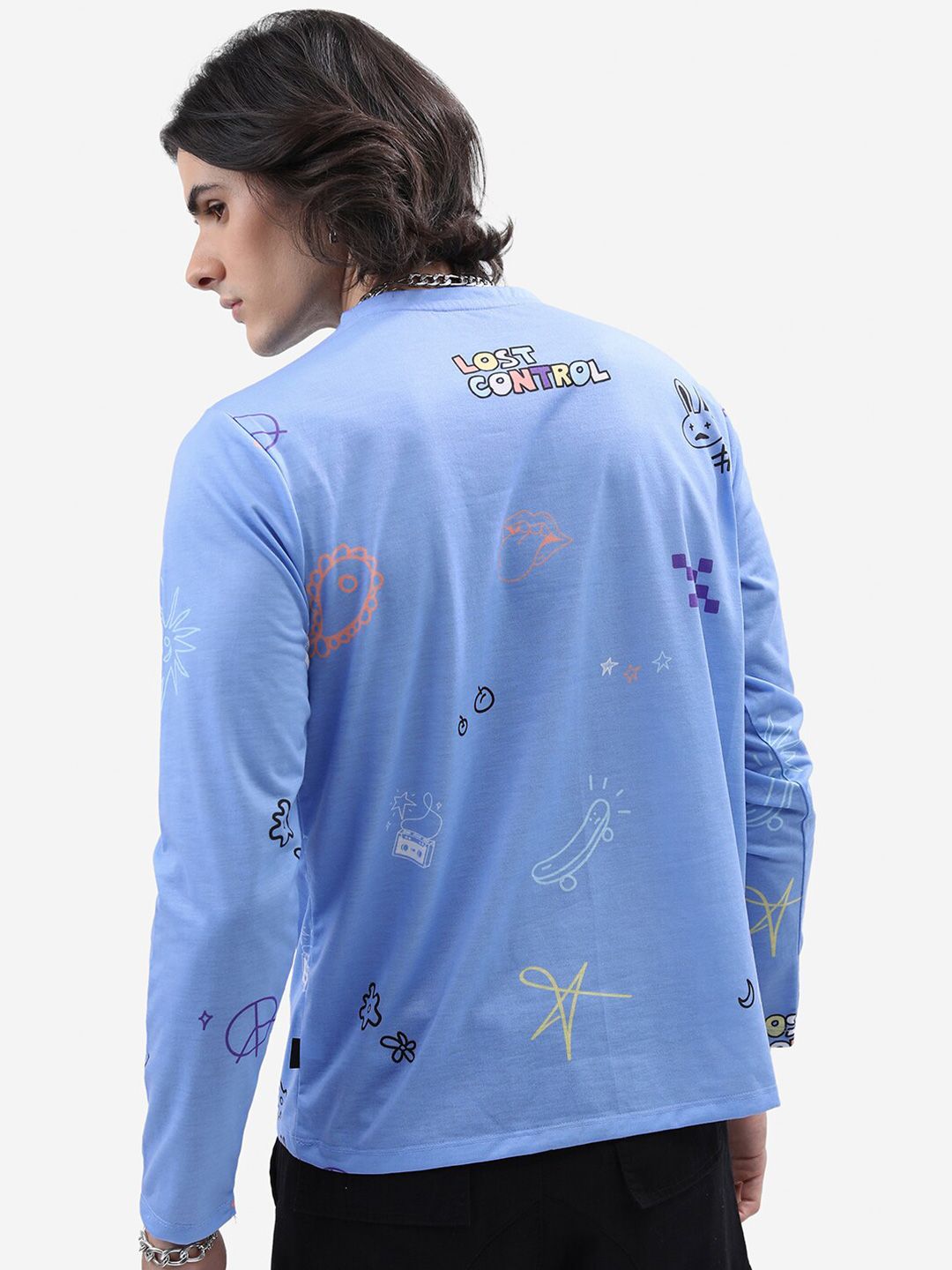 HIGHLANDER Blue Conversational Printed Long Sleeves Relaxed Fit T-shirt
