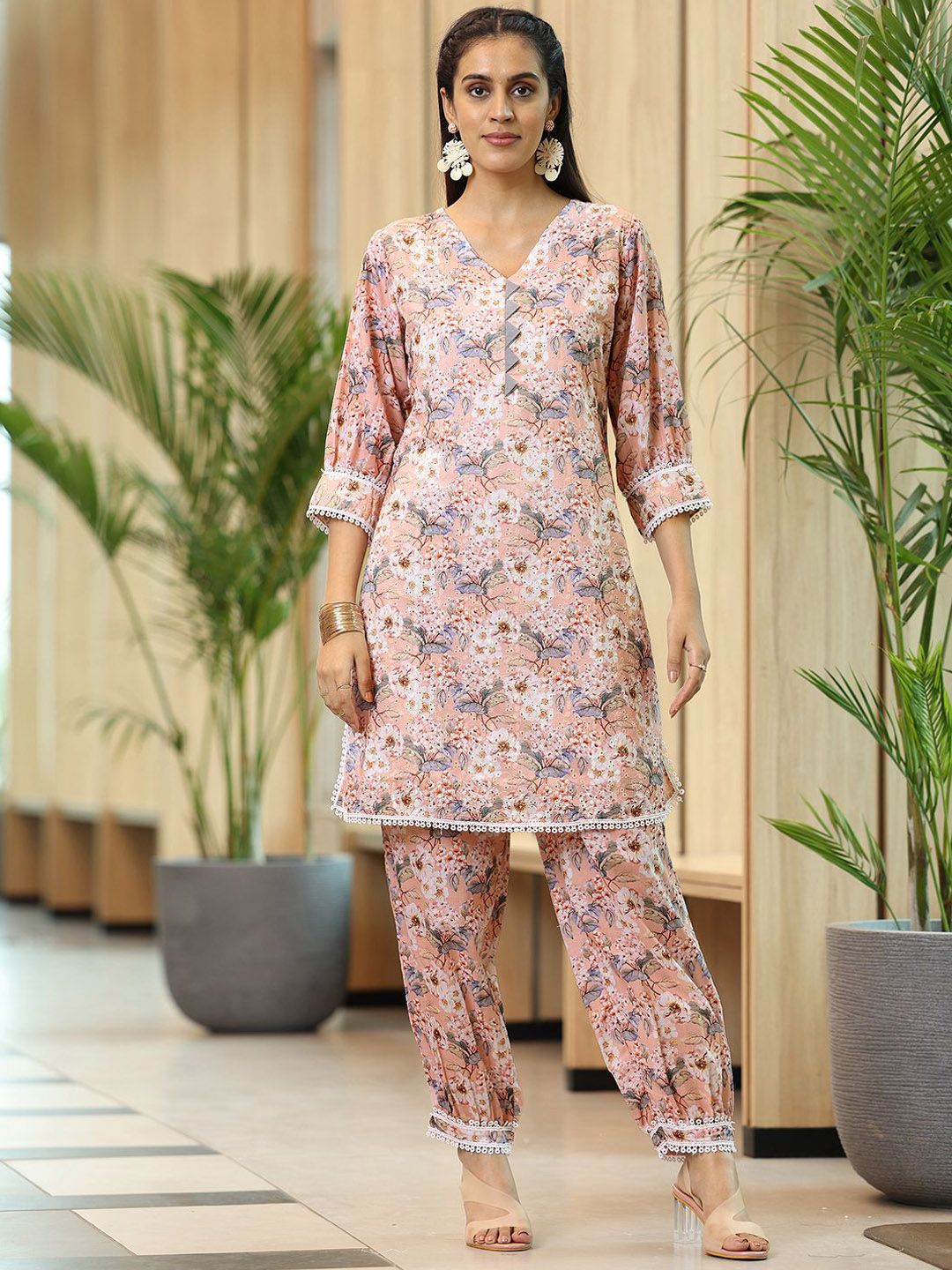 Libas Floral Printed Thread Work Puffed Sleeves Pure Cotton Kurta With Salwar