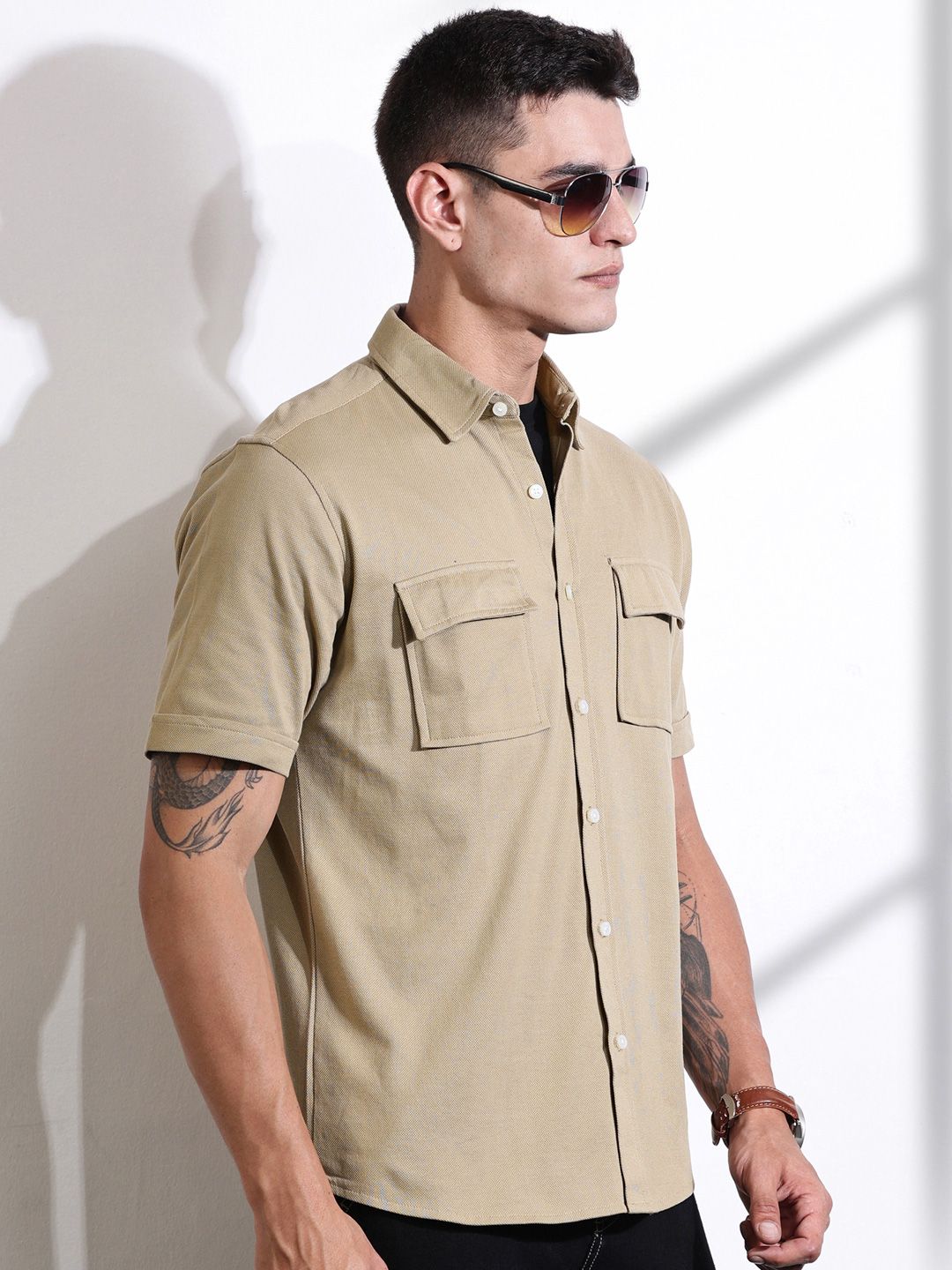 Thomas Scott Men Classic Fit Spread Collar Solid Cotton Knitted Shirt