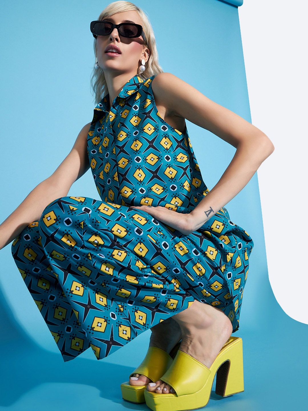 SASSAFRAS Teal Blue Printed Tunic & Trouser Co-Ords